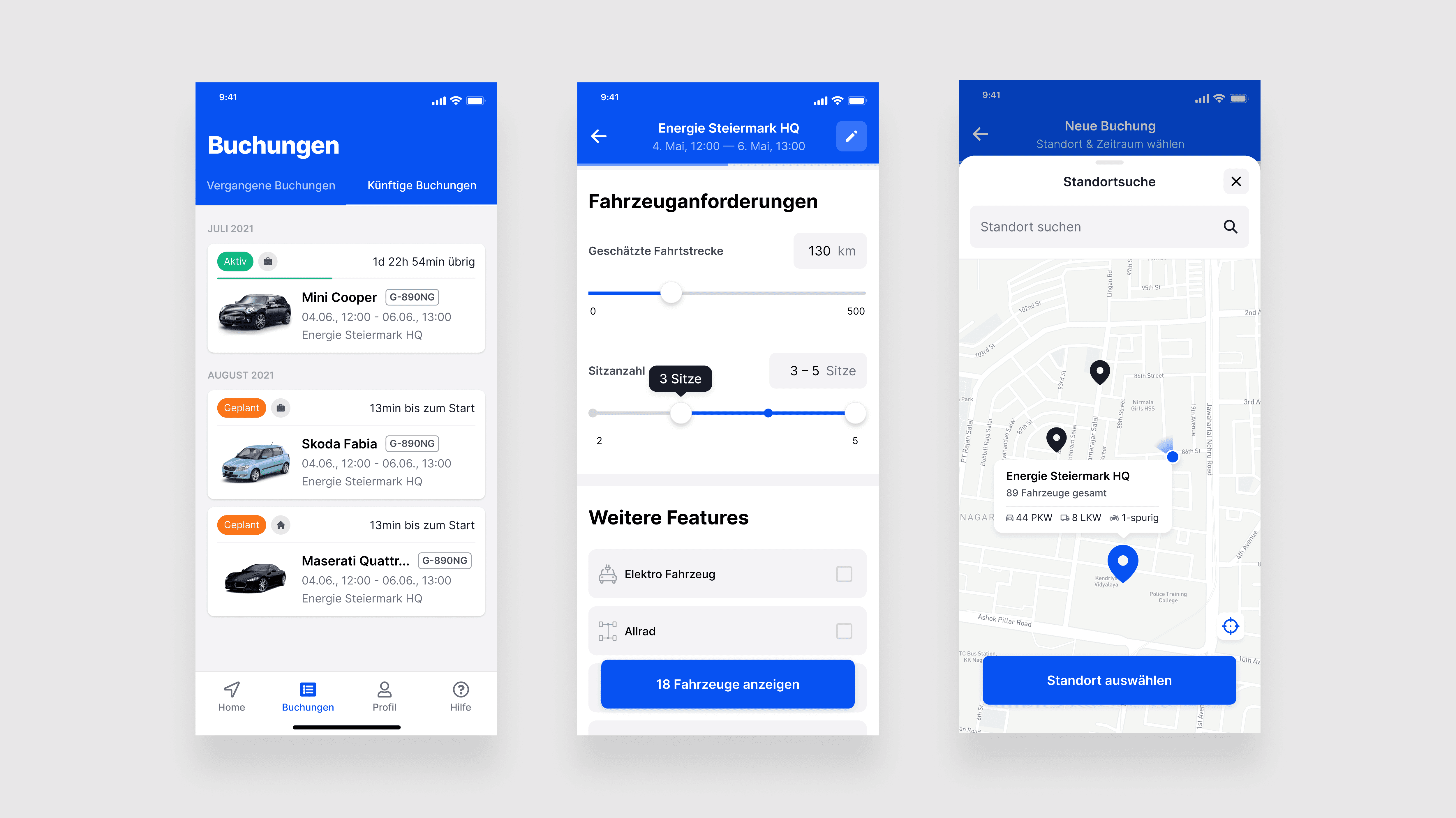 ibiola car sharing app screens